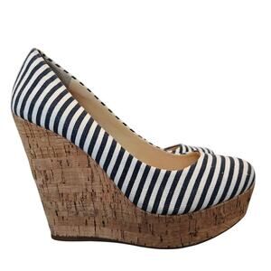 Gianni Bini Cork Wedge Heels Women Size 7 Blue Striped Nautical Preppy Platforms